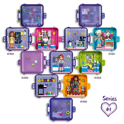 LEGO® Friends Play Cube Sets in various colors featuring mini dolls and play scenes, showcasing creativity and fun.