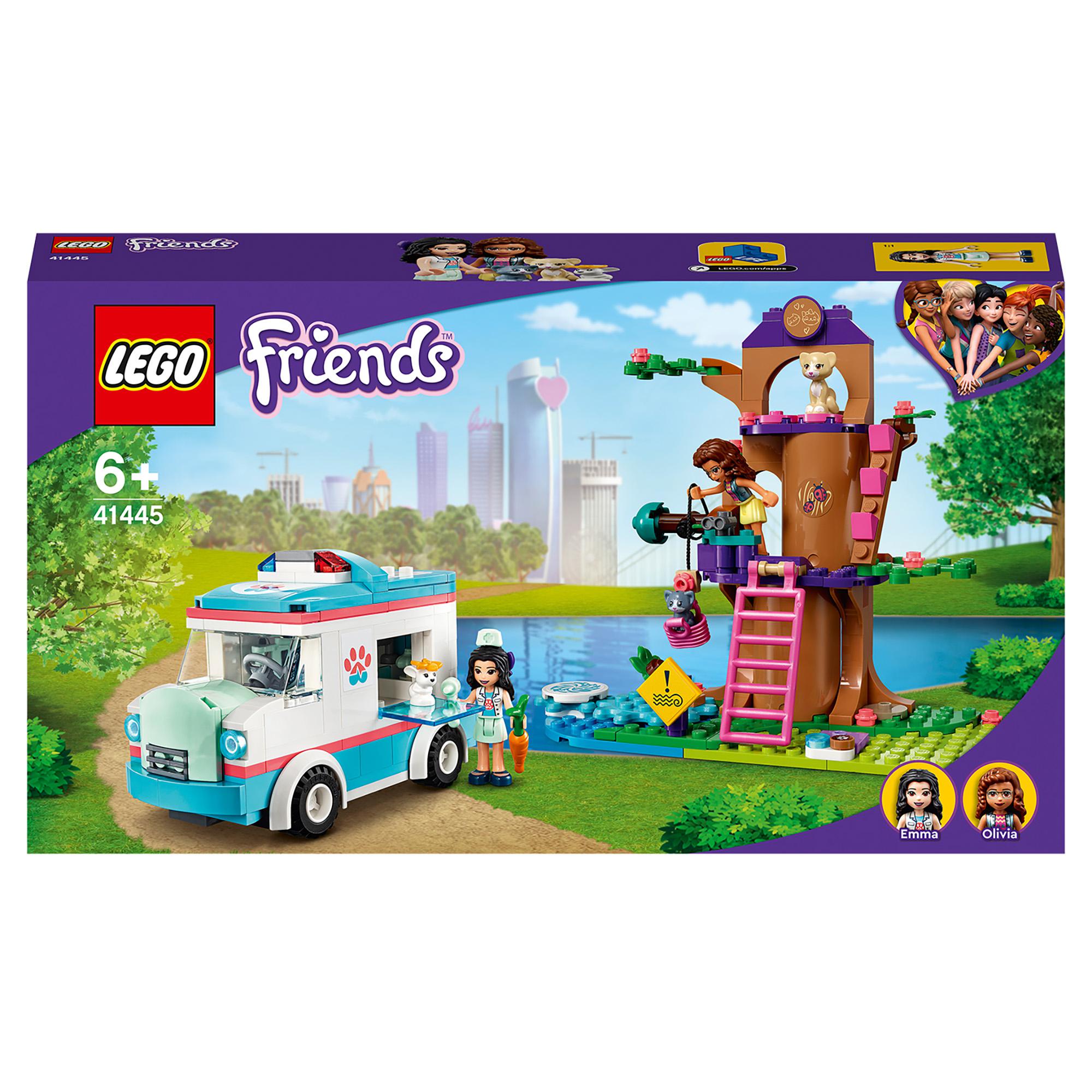 LEGO Friends Vet Clinic Ambulance Toy Car 41445 box featuring treehouse and characters for rescue play.