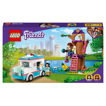 LEGO Friends Vet Clinic Ambulance Toy Car 41445 box featuring treehouse and characters for rescue play.