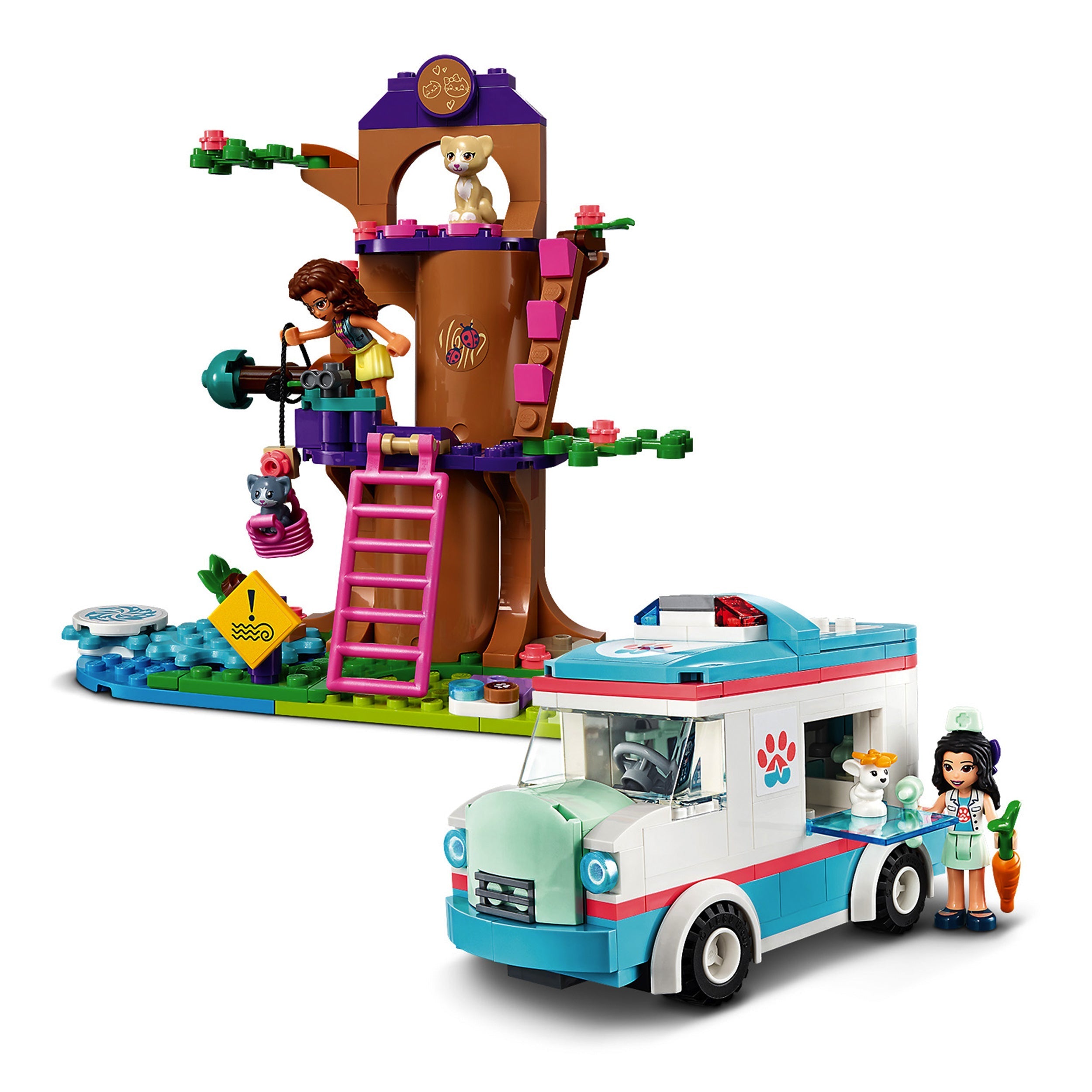 LEGO Friends Vet Clinic Ambulance Toy Car 41445 featuring treehouse and characters for exciting rescue play.