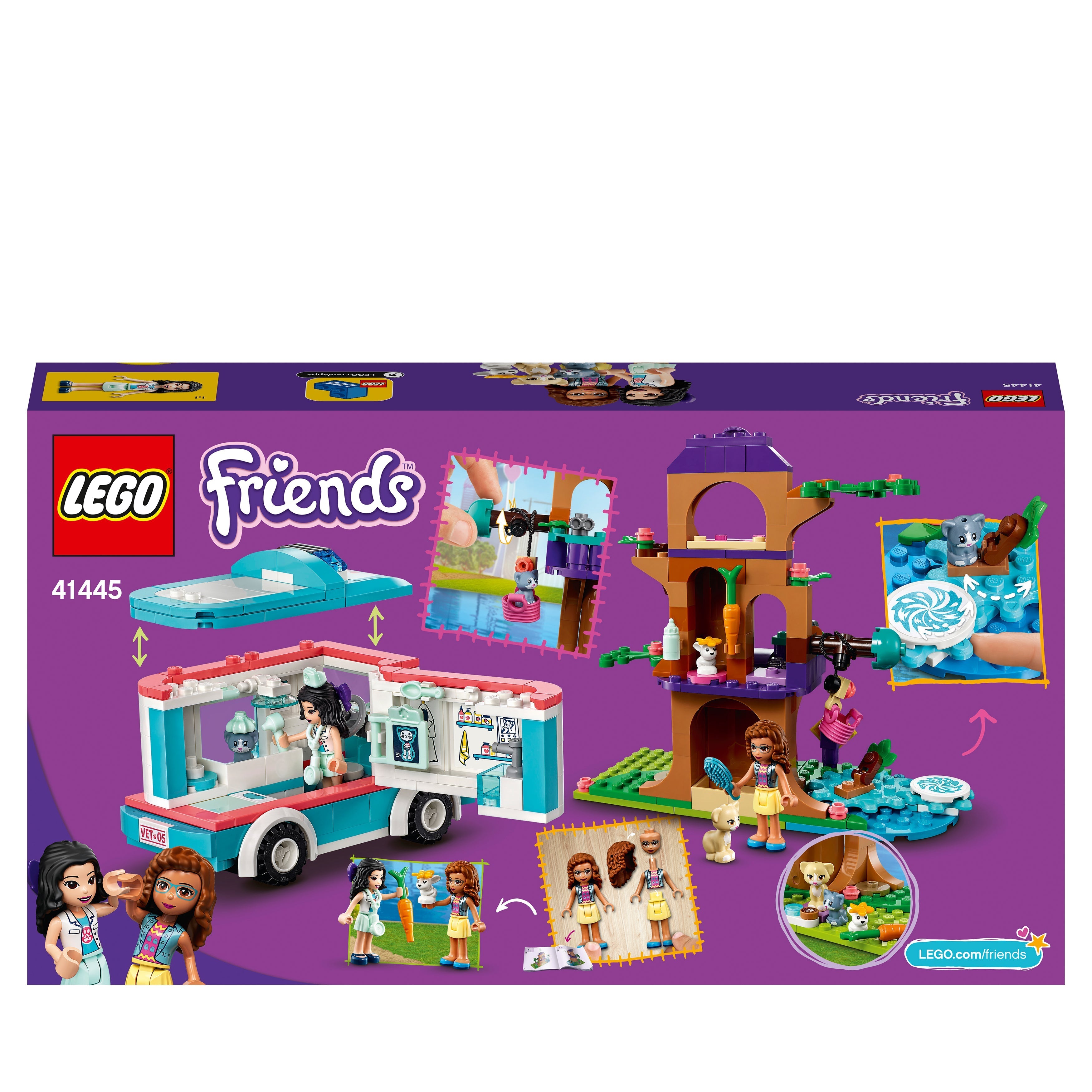 LEGO Friends Vet Clinic Ambulance Toy Car 41445, featuring playful rescue scenes and fun building adventures.