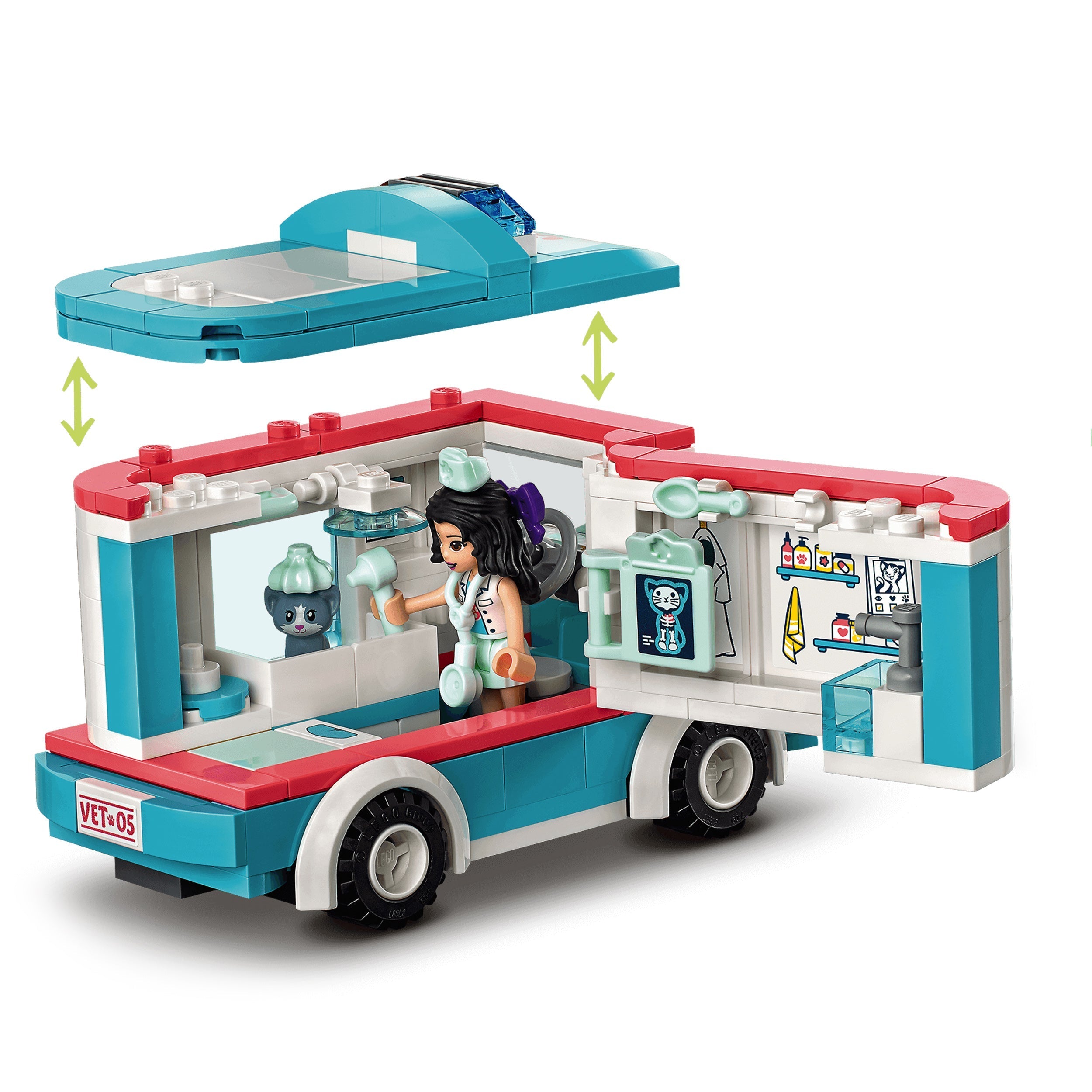LEGO® Friends Vet Clinic Ambulance Toy Car 41445 with girl, pets, and medical supplies for exciting rescue play.