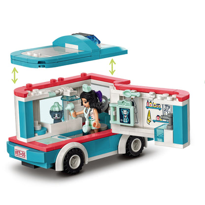 LEGO® Friends Vet Clinic Ambulance Toy Car 41445 with girl, pets, and medical supplies for exciting rescue play.