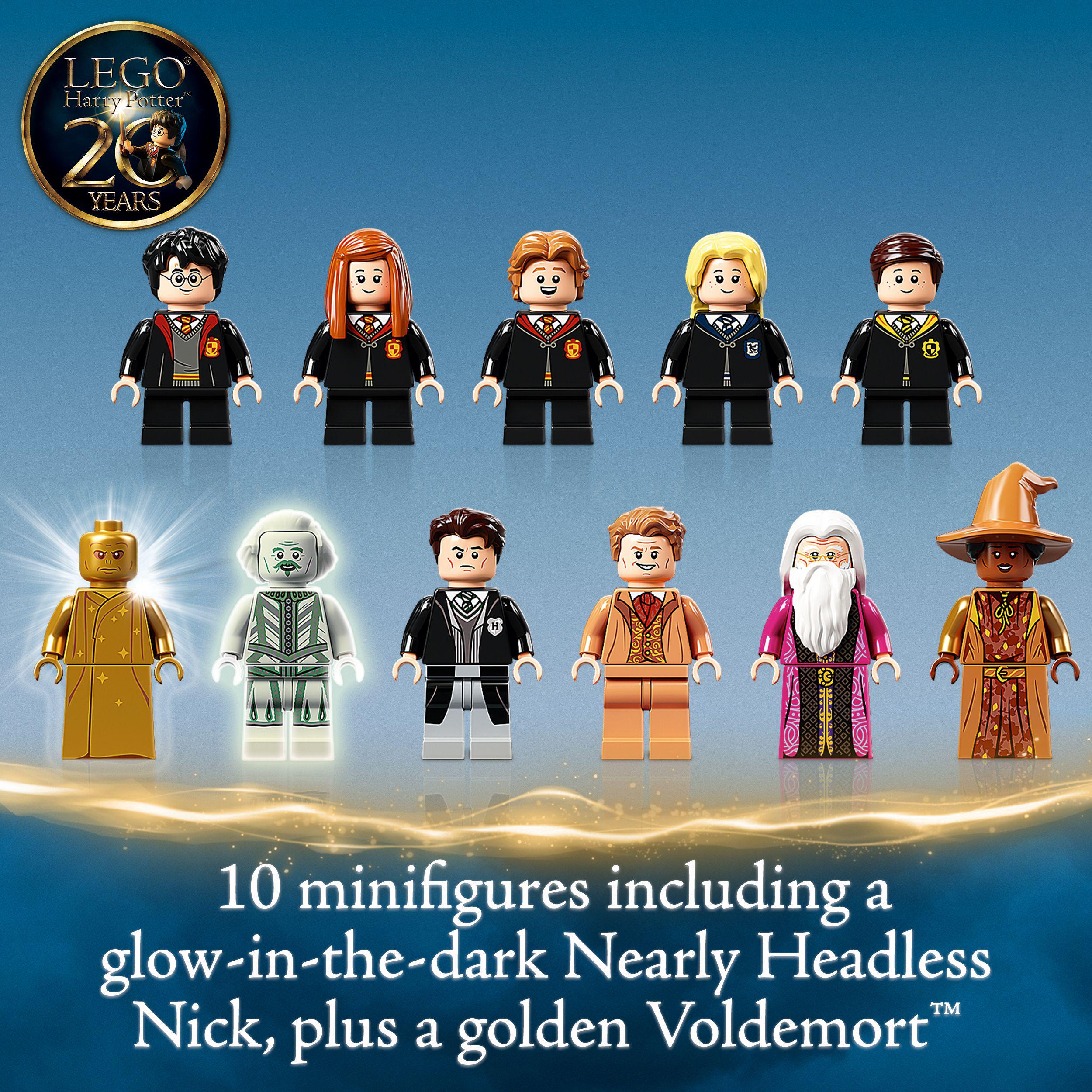LEGO Harry Potter set featuring 10 minifigures, including glow-in-the-dark Nearly Headless Nick and golden Voldemort.