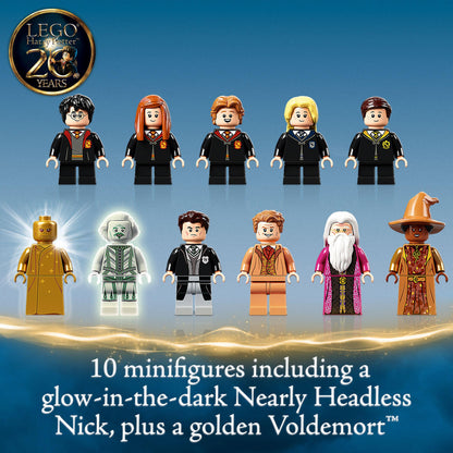 LEGO Harry Potter set featuring 10 minifigures, including glow-in-the-dark Nearly Headless Nick and golden Voldemort.