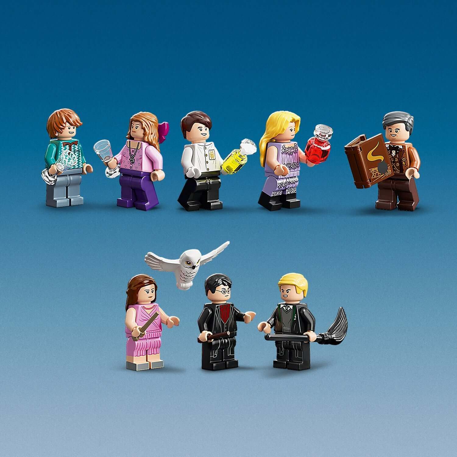LEGO Harry Potter Astronomy Tower minifigures set featuring characters with potions and a magical owl