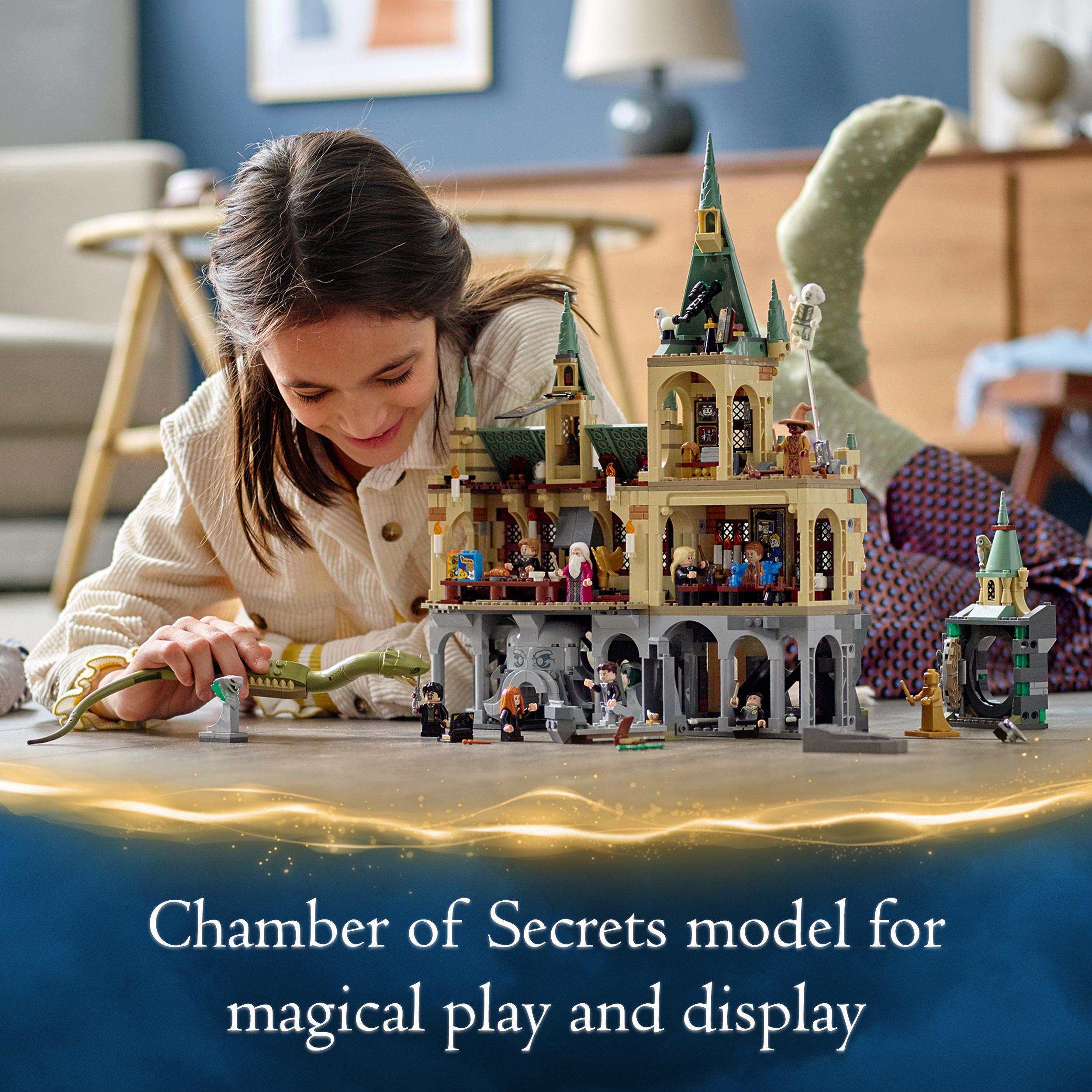 Girl playing with LEGO® Harry Potter Chamber of Secrets set, showcasing imaginative play and display options.
