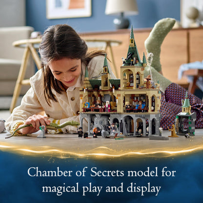 Girl playing with LEGO® Harry Potter Chamber of Secrets set, showcasing imaginative play and display options.
