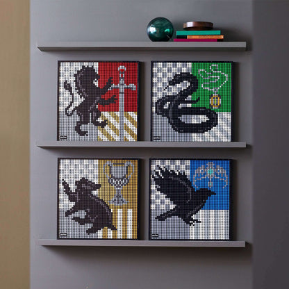 LEGO® Art Harry Potter Hogwarts Crests set showcasing four house crests on a shelf with a decorative item.