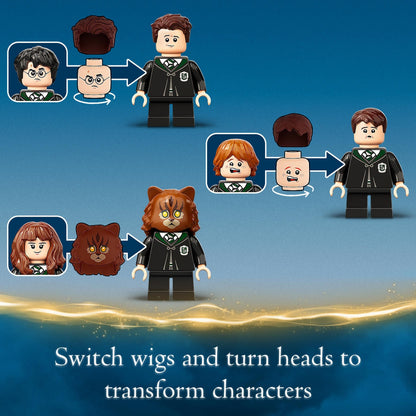 LEGO Harry Potter characters transformation, switching wigs and heads for creative play in Hogwarts set.