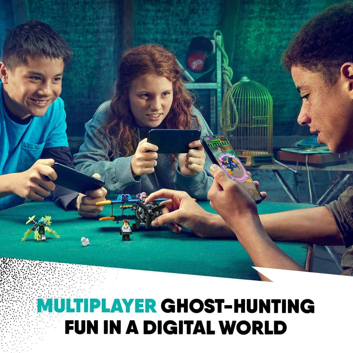 Kids enjoying LEGO® Hidden Side ghost-hunting gameplay with smartphones in a vibrant, interactive setting.