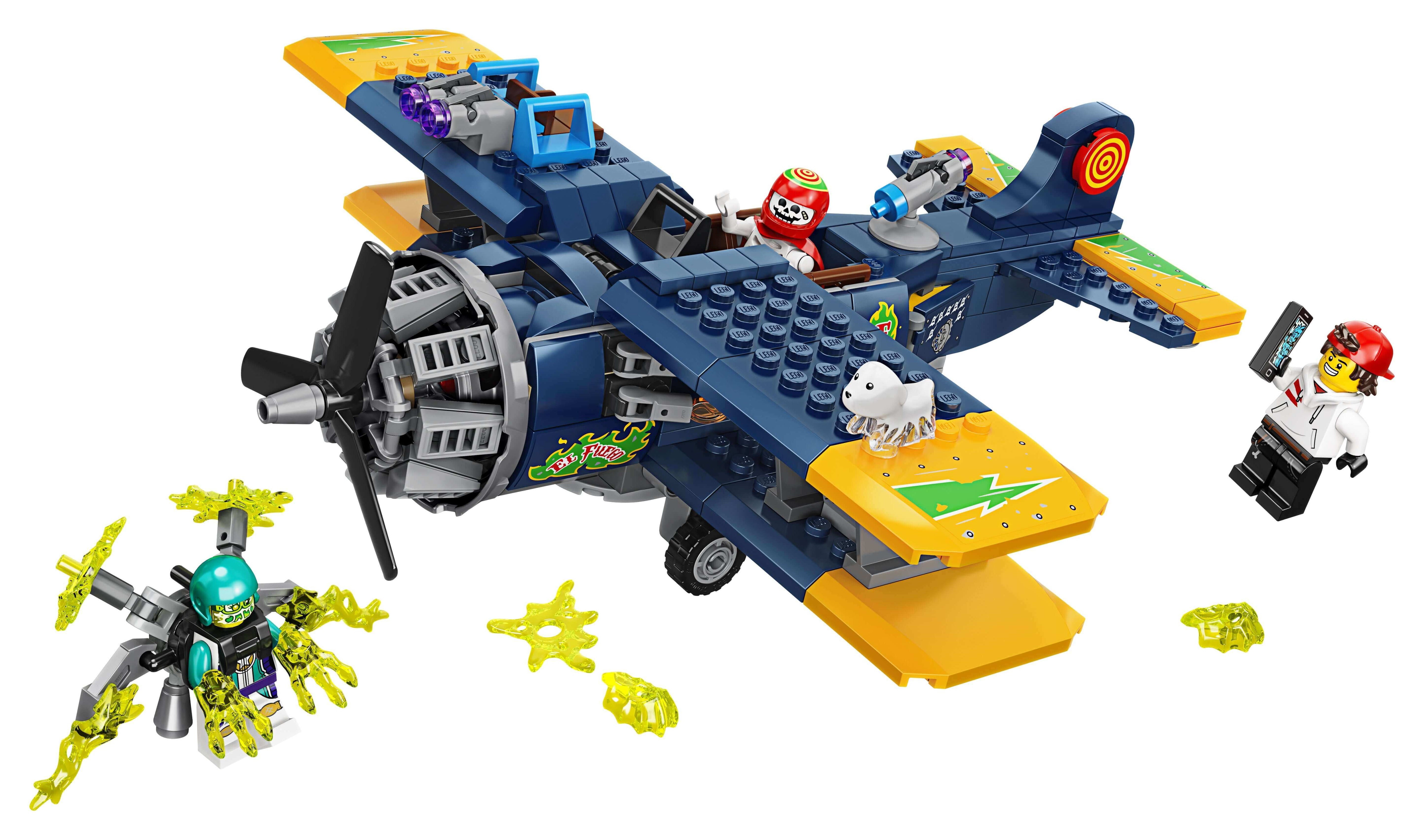LEGO Hidden Side El Fuego's Stunt Plane Set 70429 with propeller plane and three minifigures in action.