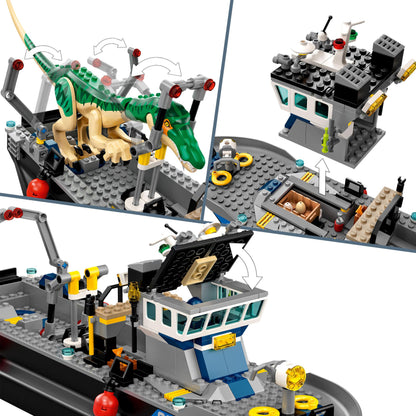 LEGO® Jurassic World Baryonyx Dinosaur Boat Toy 76942 with buildable boat and dinosaur figure details.