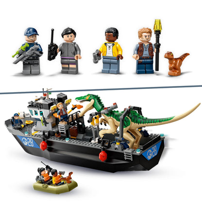 LEGO® Jurassic World Baryonyx Dinosaur Boat Toy 76942 with figures and buildable boat, perfect for creative play.