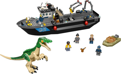 LEGO® Jurassic World Baryonyx Dinosaur Boat Toy 76942, featuring a floating boat and dinosaur figure for creative play.