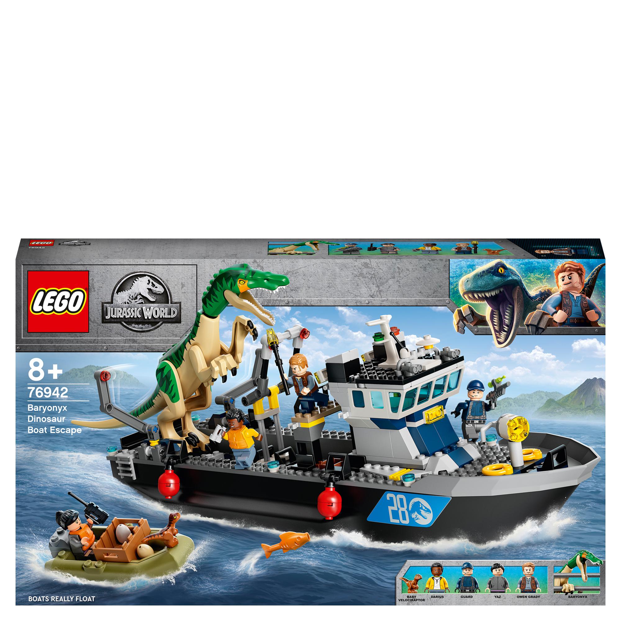 LEGO® Jurassic World Baryonyx Dinosaur Boat Toy 76942, featuring a floating boat and dinosaur figure for creative play.