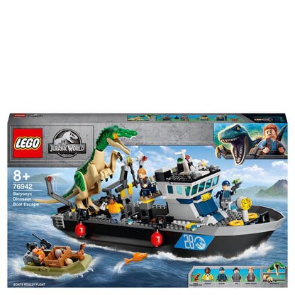 LEGO® Jurassic World Baryonyx Dinosaur Boat Toy 76942, featuring a floating boat and dinosaur figure for creative play.