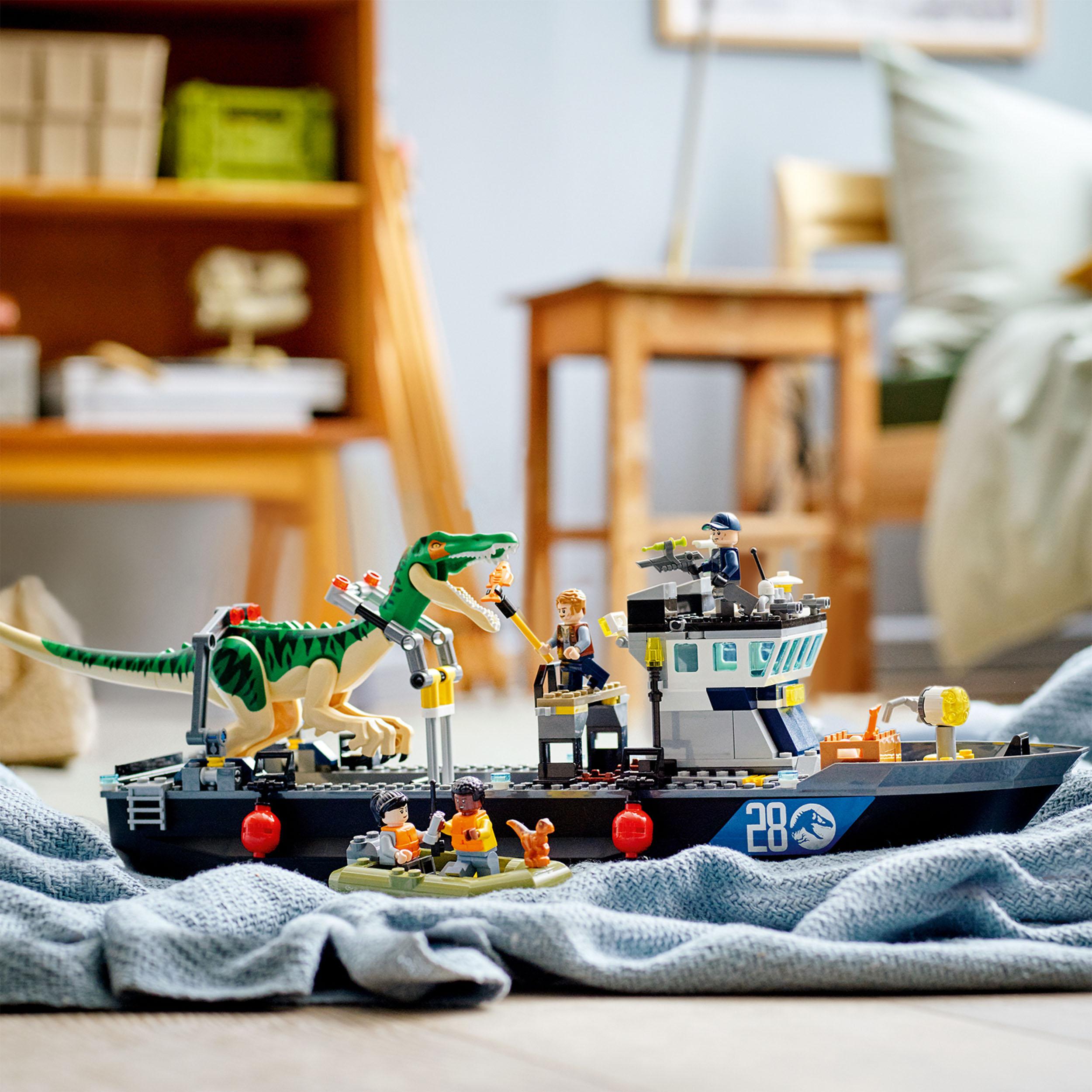 LEGO® Jurassic World Baryonyx Dinosaur Boat Toy 76942 displayed with dinosaur figure and characters in a cozy living room setting.
