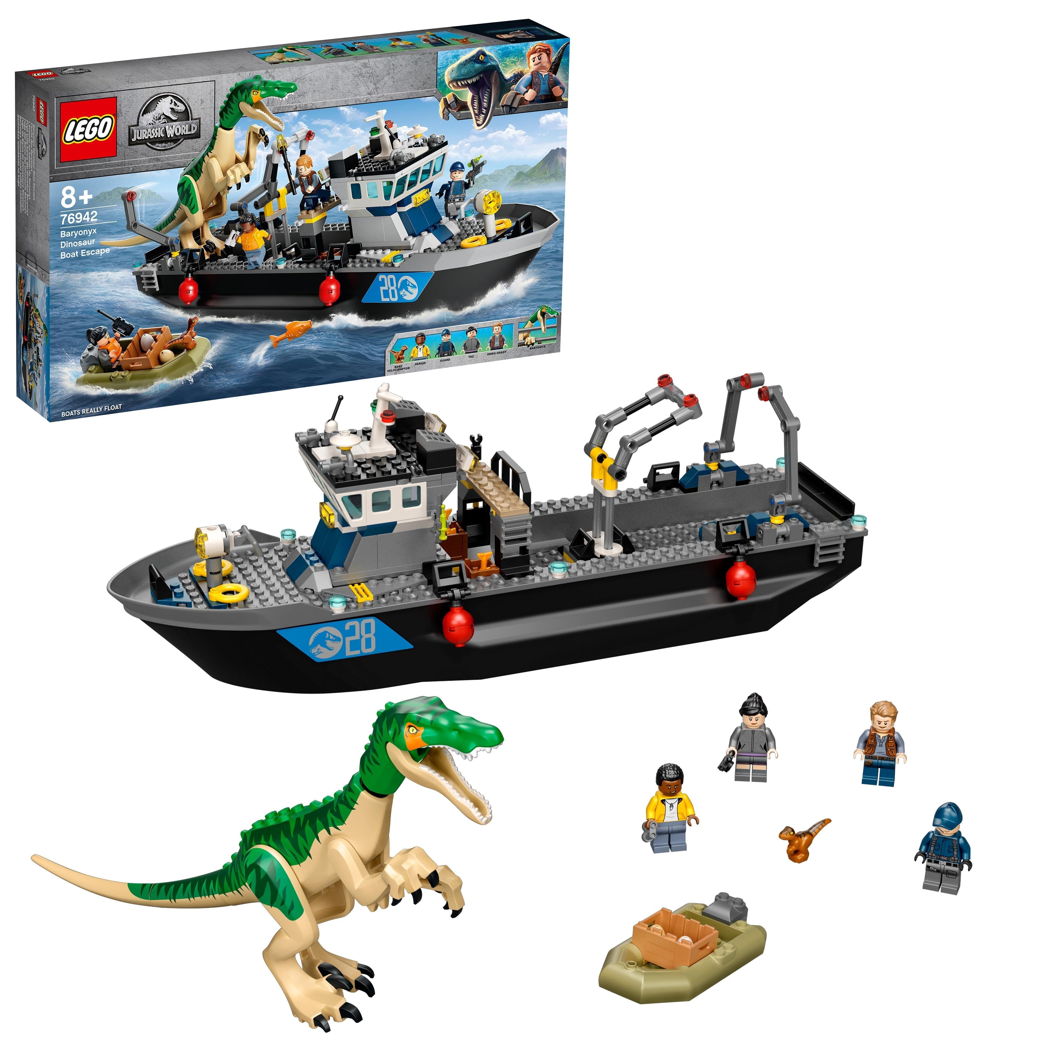 LEGO® Jurassic World Baryonyx Dinosaur Boat Toy 76942 with boat, Baryonyx figure, and minifigures for creative play.