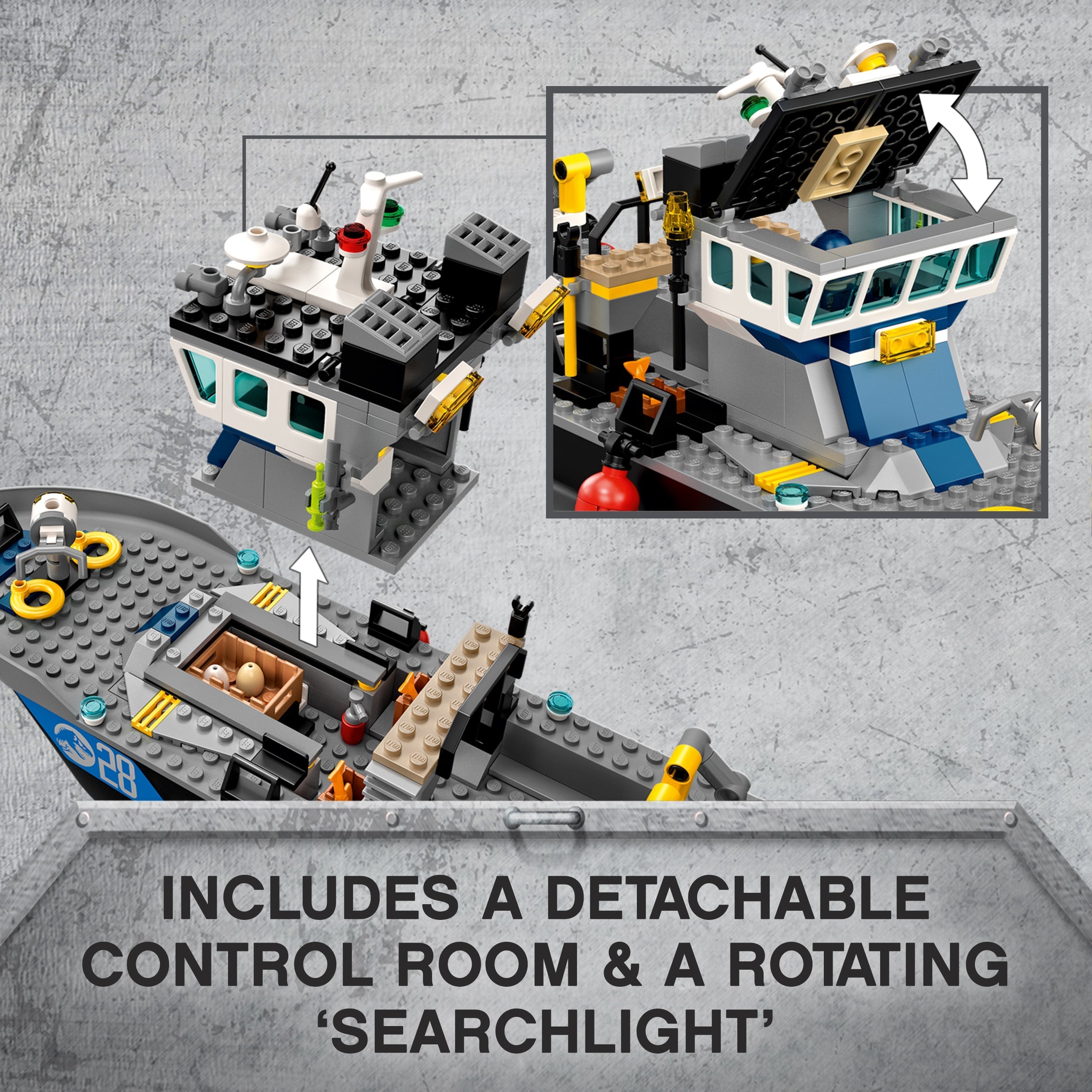 LEGO® Jurassic World boat toy with detachable control room and rotating searchlight features for creative play.