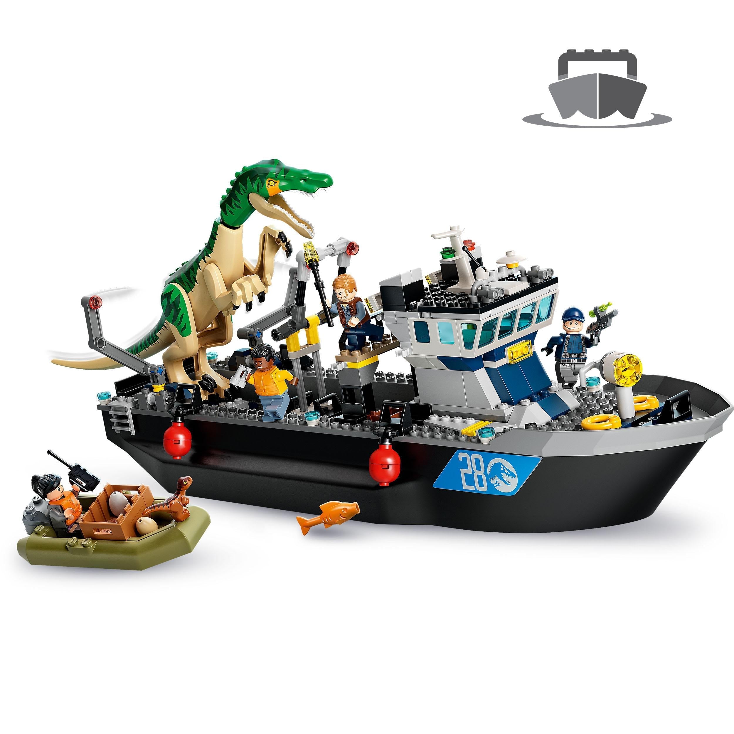 LEGO® Jurassic World Baryonyx Dinosaur Boat Toy 76942 with boat, figures and Baryonyx dinosaur for creative fun.