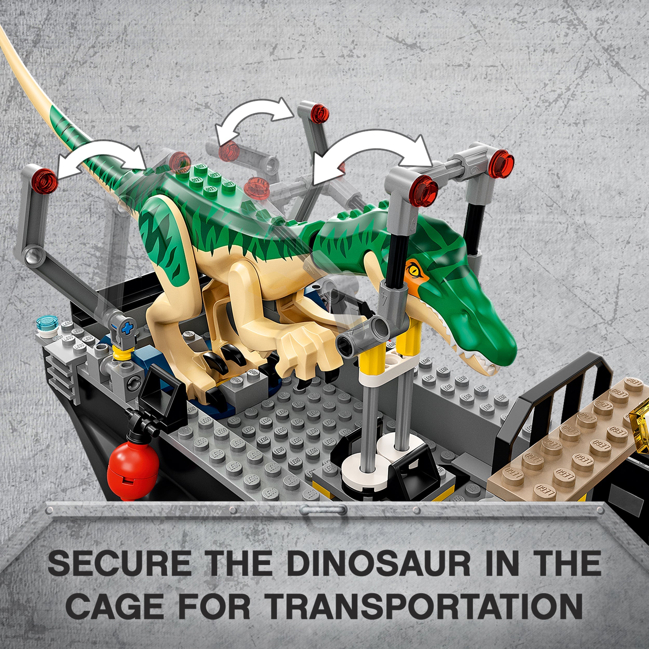 LEGO Jurassic World Baryonyx dinosaur secured in a cage on a floating boat playset, ready for transportation.