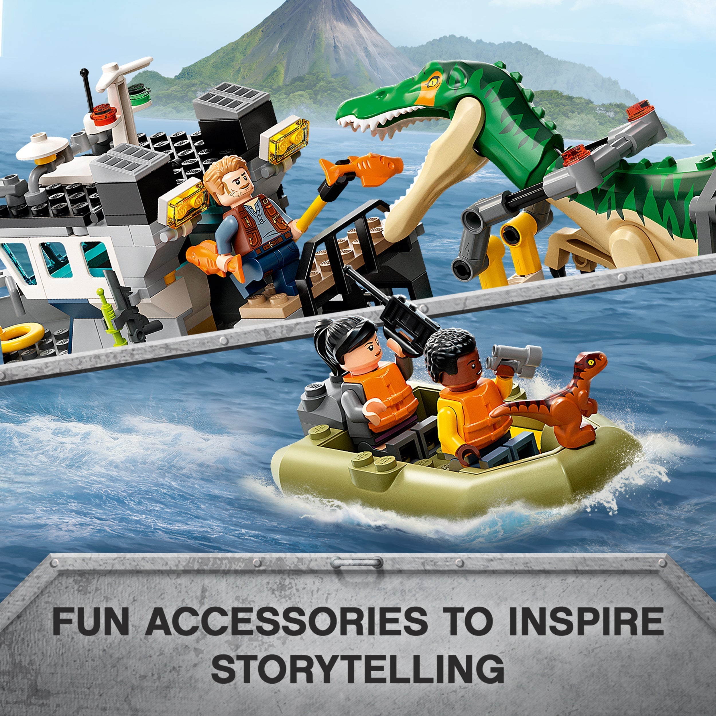 LEGO Jurassic World boat playset featuring Baryonyx dinosaur and mini figures for imaginative storytelling.