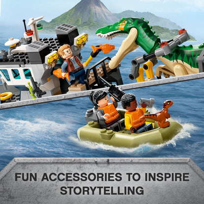 LEGO Jurassic World boat playset featuring Baryonyx dinosaur and mini figures for imaginative storytelling.