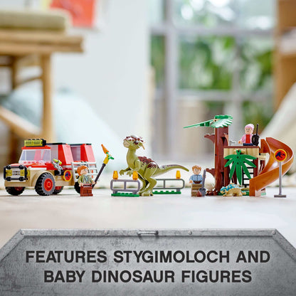 LEGO® Jurassic World Dinosaur Escape Toy 76939 featuring Stygimoloch and baby dinosaur figures in a playset.
