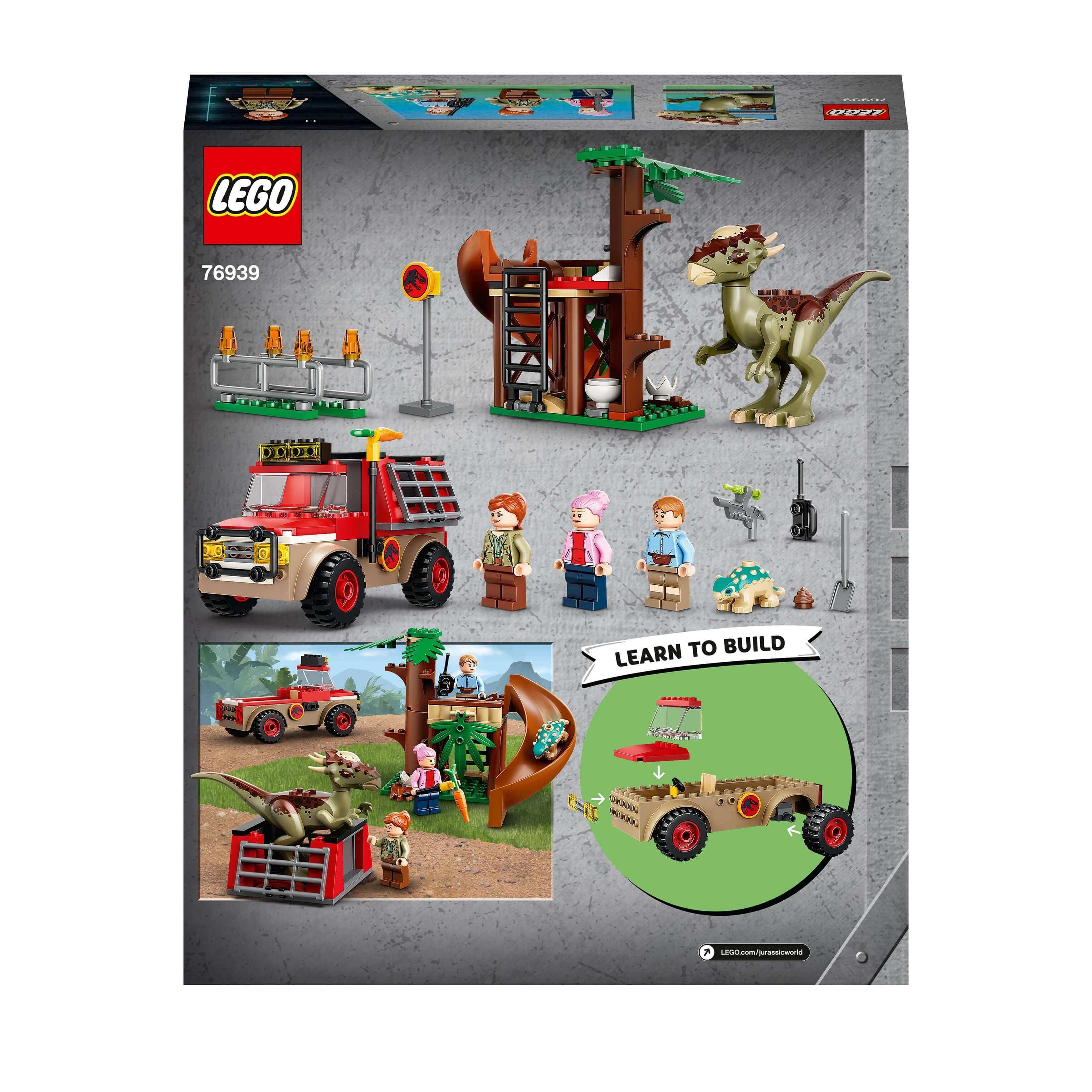 LEGO® Jurassic World Dinosaur Escape 76939 set featuring Stygimoloch, off-roader, tree house, and mini-figures.