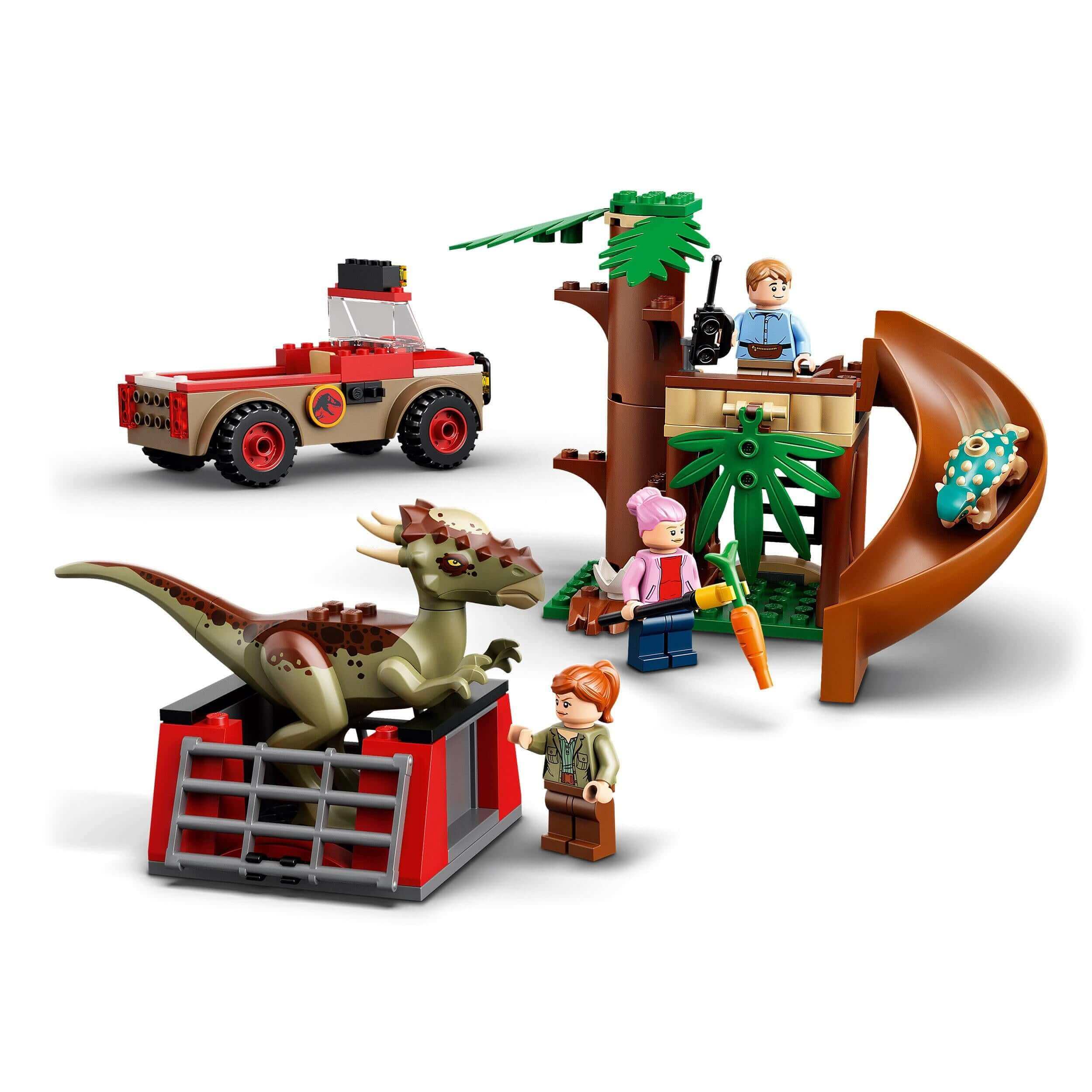 LEGO® Jurassic World Dinosaur Escape Toy set featuring Stygimoloch, off-roader, and a tree house for kids.