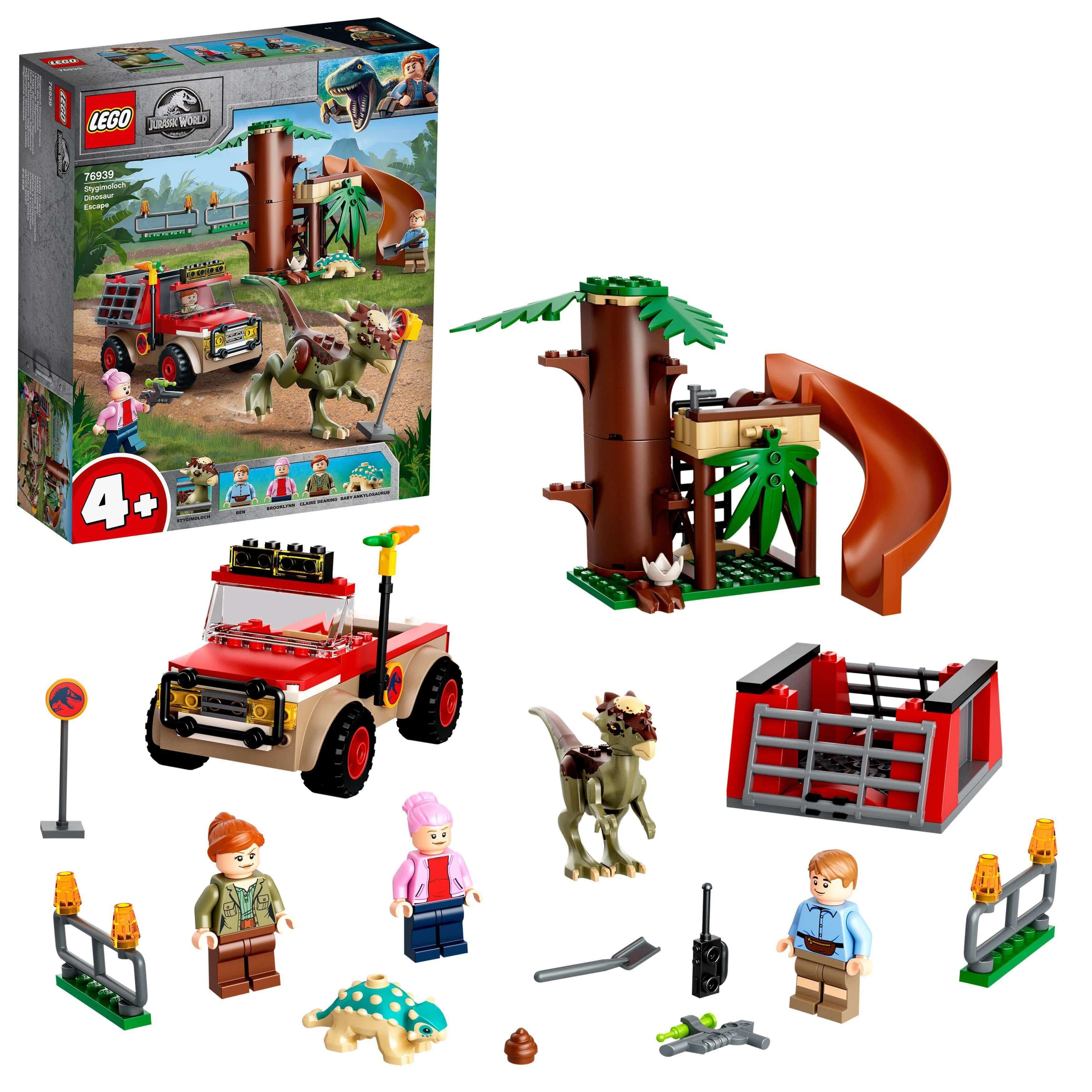 LEGO® Jurassic World Dinosaur Escape Toy 76939 featuring Stygimoloch, off-roader, tree house, and buildable figures.