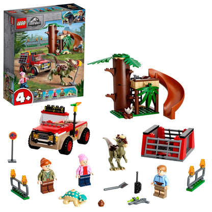 LEGO® Jurassic World Dinosaur Escape Toy 76939 featuring Stygimoloch, off-roader, tree house, and buildable figures.