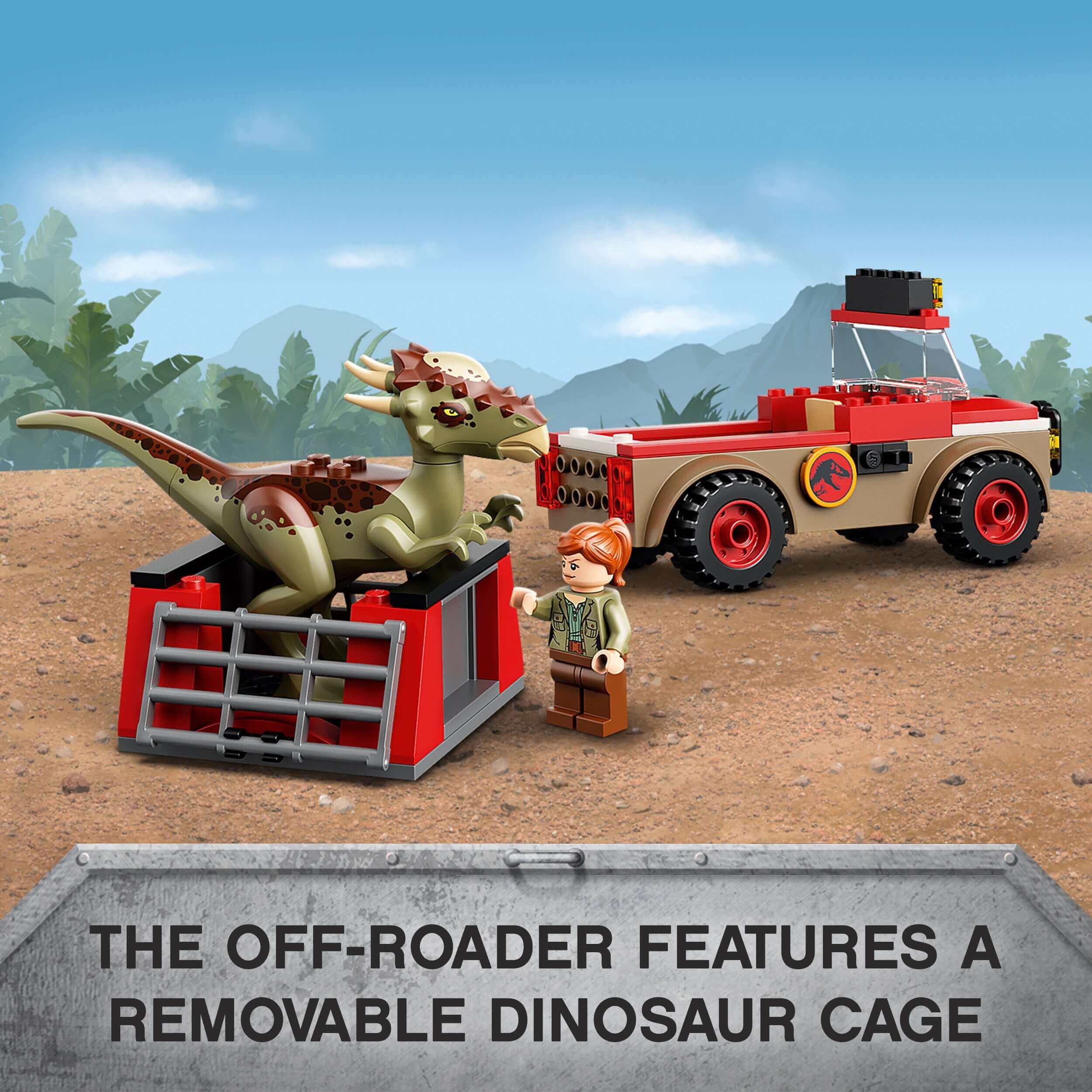 LEGO® Jurassic World set featuring a Stygimoloch dinosaur, off-roader, and removable dinosaur cage for young builders.