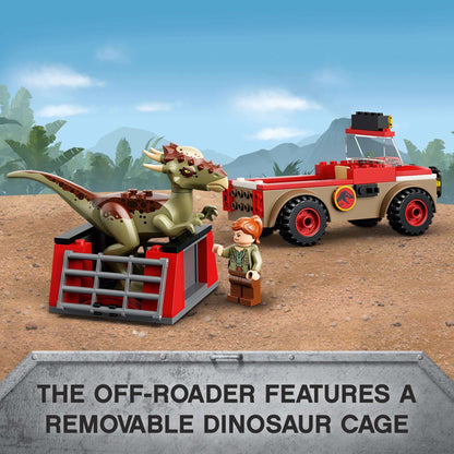 LEGO® Jurassic World set featuring a Stygimoloch dinosaur, off-roader, and removable dinosaur cage for young builders.