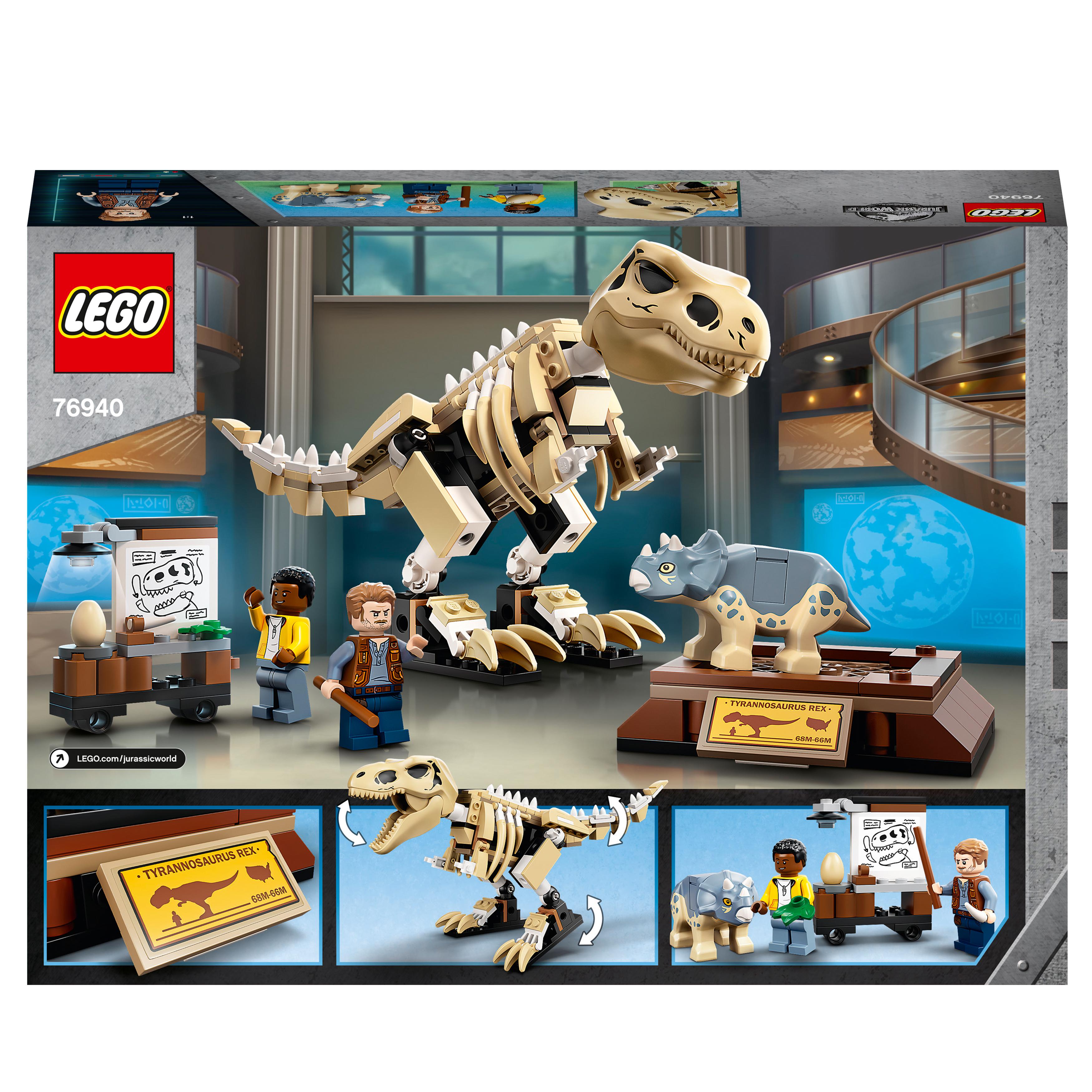 LEGO Jurassic World T. rex Fossil Set 76940 with buildable T. rex skeleton and Baby Triceratops figures.