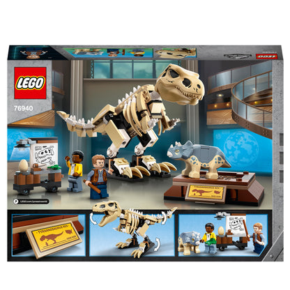 LEGO Jurassic World T. rex Fossil Set 76940 with buildable T. rex skeleton and Baby Triceratops figures.