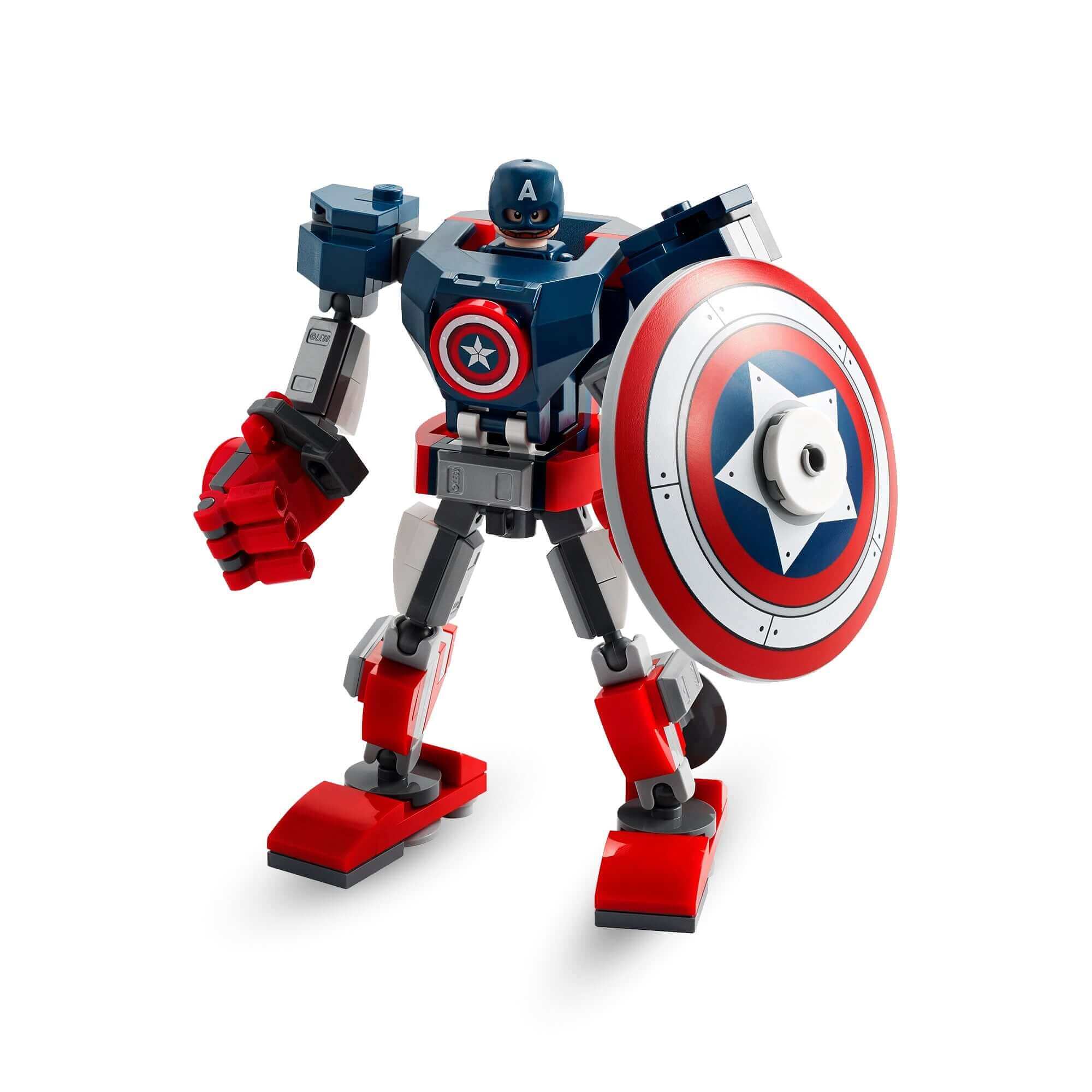 LEGO Marvel Avengers Captain America Mech Toy 76168 with movable limbs and detachable shield.