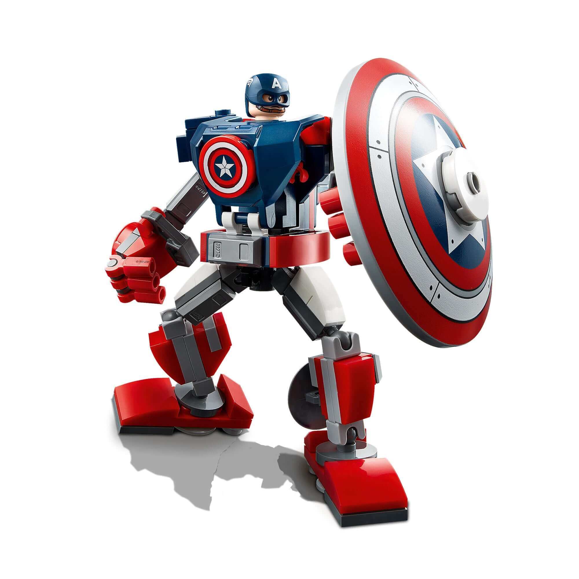 LEGO Marvel Avengers Captain America mech toy 76168 featuring movable limbs and detachable shield for kids.