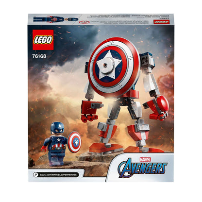 LEGO Marvel Avengers Captain America Mech Toy 76168 with minifigure, giant mech, and shield for kids.