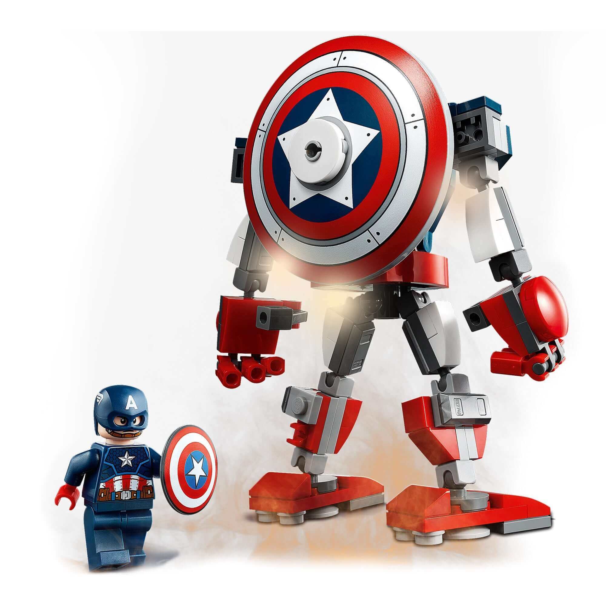LEGO Marvel Avengers Captain America mech toy with moving limbs and minifigure, featuring a detachable shield.