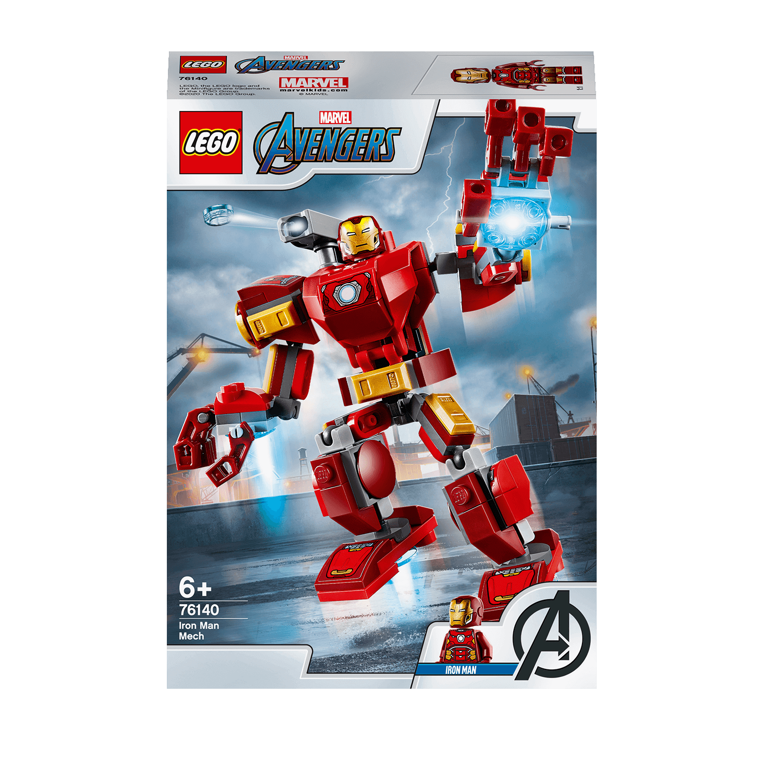 LEGO Marvel Avengers Iron Man Mech playset 76140 featuring Iron Man figure and mech with stud shooter, suitable for ages 6+.