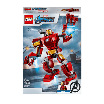 LEGO Marvel Avengers Iron Man Mech playset 76140 featuring Iron Man figure and mech with stud shooter, suitable for ages 6+.