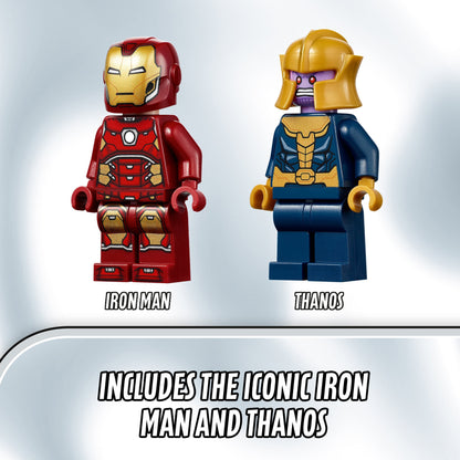 LEGO® Marvel Avengers Iron Man and Thanos minifigures for imaginative superhero battles.