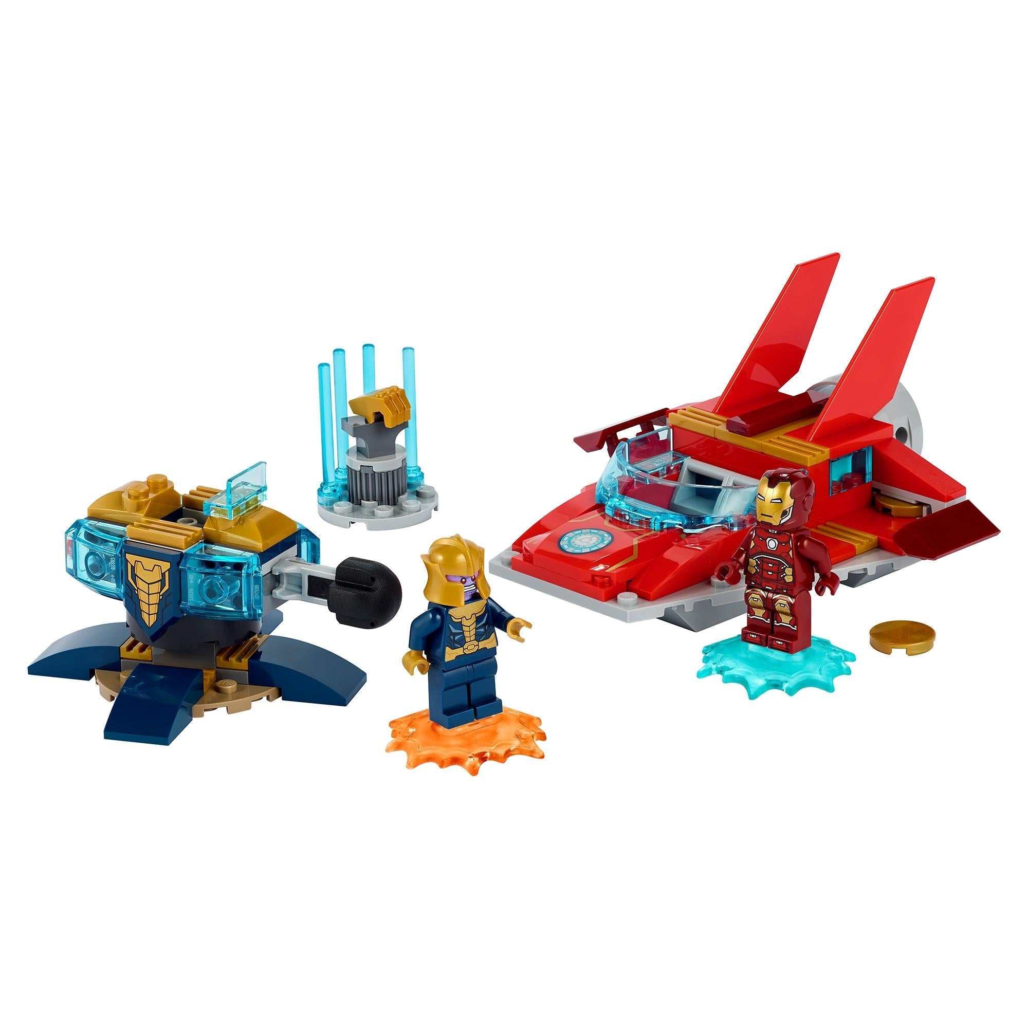 LEGO Marvel Avengers Iron Man vs Thanos set with Iron Man and Thanos figures, battle scene, and Iron Man's jet.