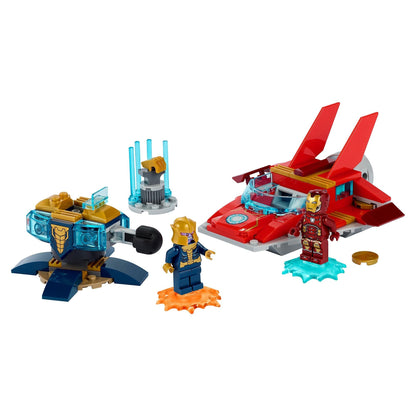 LEGO Marvel Avengers Iron Man vs Thanos set with Iron Man and Thanos figures, battle scene, and Iron Man's jet.