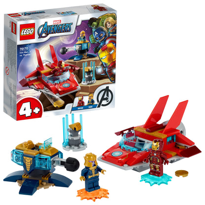 LEGO Marvel Avengers Iron Man vs Thanos set 76170 with Iron Man, Thanos, and their jet for imaginative adventures
