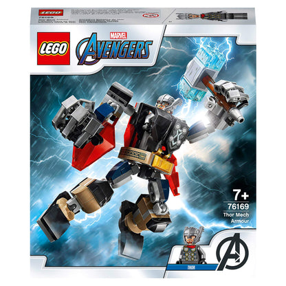 LEGO Marvel Avengers Thor Mech Armour Toy 76169 with movable limbs and detachable hammer, ideal gift for superhero fans.