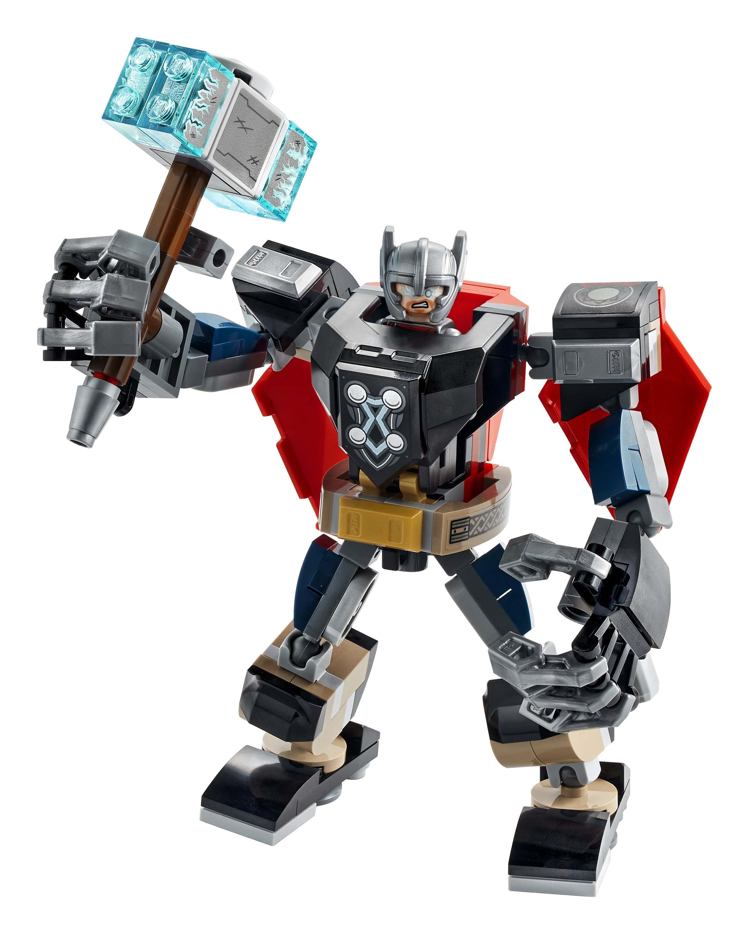 LEGO Marvel Avengers Thor Mech Armour toy 76169 with movable limbs and detachable hammer, featuring Thor minifigure.