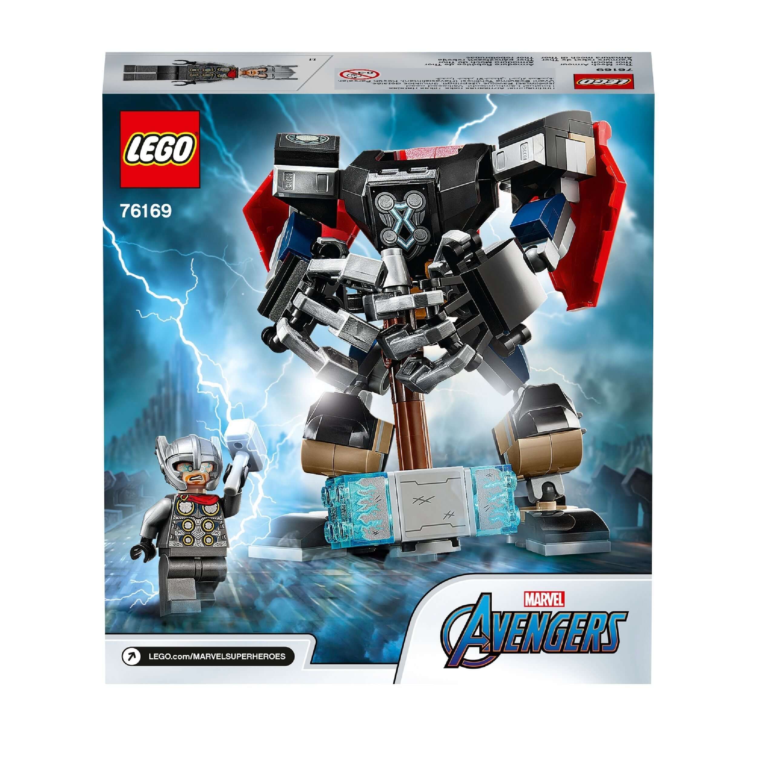 LEGO Marvel Avengers Thor Mech Armour Toy 76169 with movable limbs and Thor minifigure, ideal for superhero fans.
